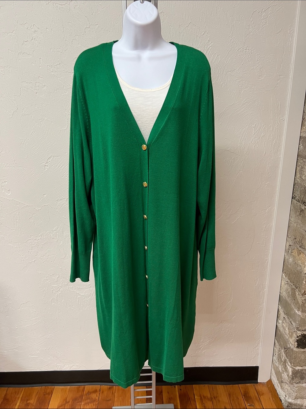Susan Graver Emerald Green Longline Button-Front Liquid Knit Cardigan Size XL